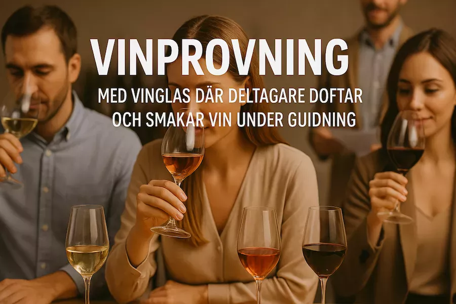 Vinprovning med vinglas där deltagare doftar och smakar vin under guidning